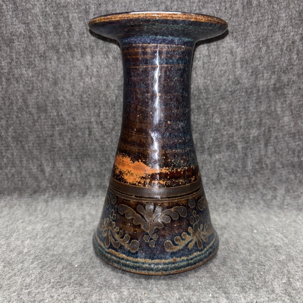 Nafziger Brush Creek Studio Pottery Glazed Vase Blue Orange Rust 6.5" Signed